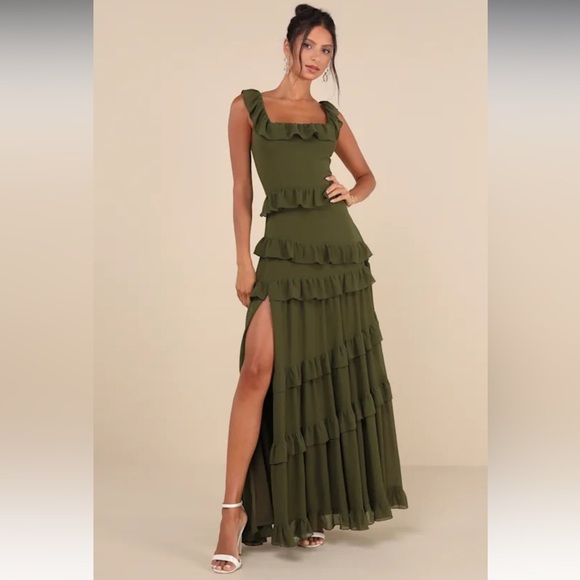 Lulus Dresses & Skirts - Lulus Compelling Romantic Olive Green Ruffled Tiered Maxi Dress - Size 2X